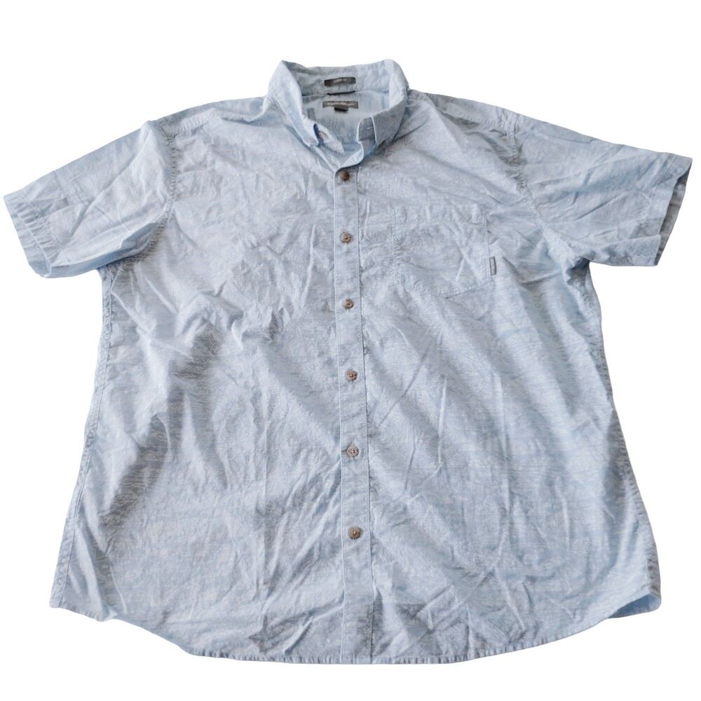 Eddie Bauer Mens Short Sleeve Button Down Shirt XL Light Blue Island Print